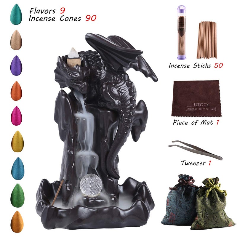 OTOFY Handmade Backflow Incense Burner Waterfall Incense Holder with 90 Incense Cones + 50 Incense Sticks Sets, Aromatherapy Ornament Home Decor Gift Decorations Statue(Black Brown led Dragon) - Image 2